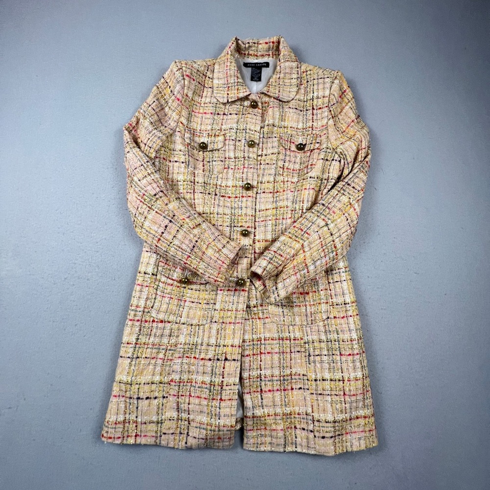 Anne Carson Tweed Coat Womens M Multi Silk Blend Metallic Plaid Jacket Oldmoney